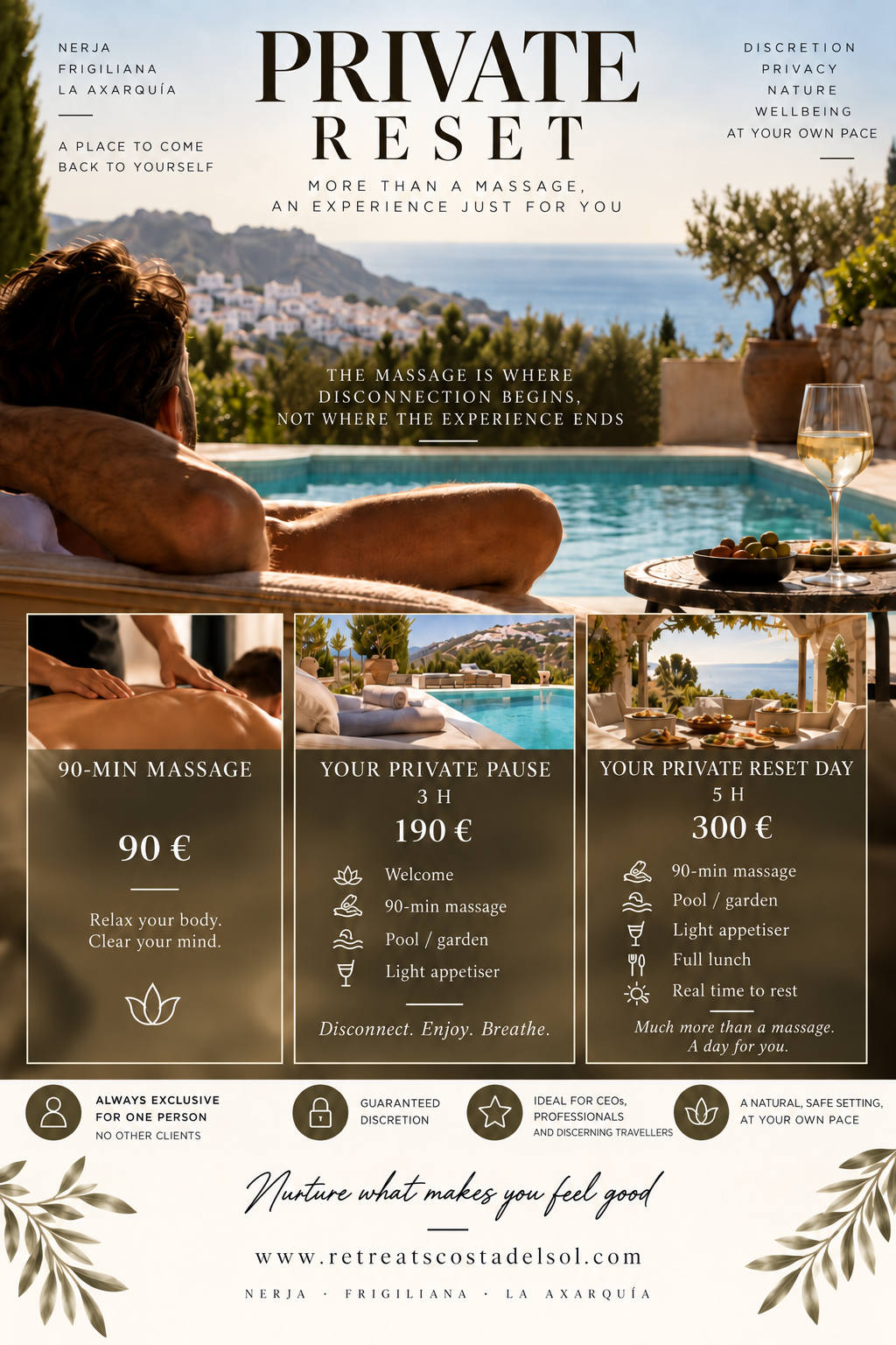 Private Reset in Frigiliana with massage, a 3-hour Private Pause and a 5-hour Private Reset Day
