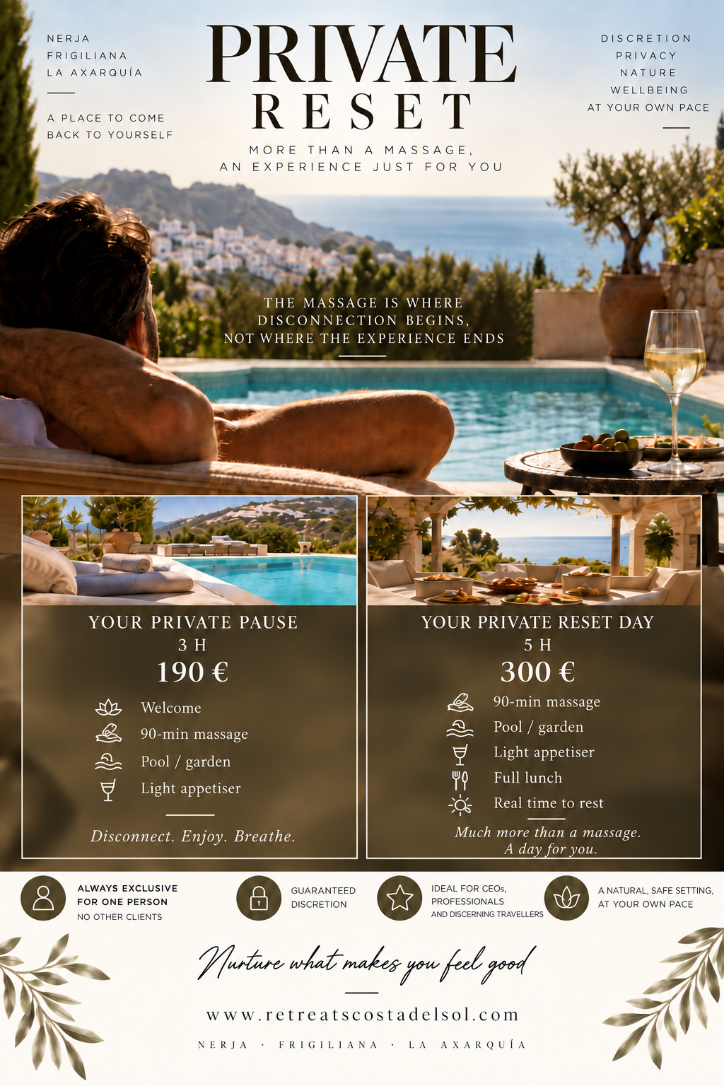 Private Reset in Frigiliana with massage, a 3-hour Private Pause and a 5-hour Private Reset Day